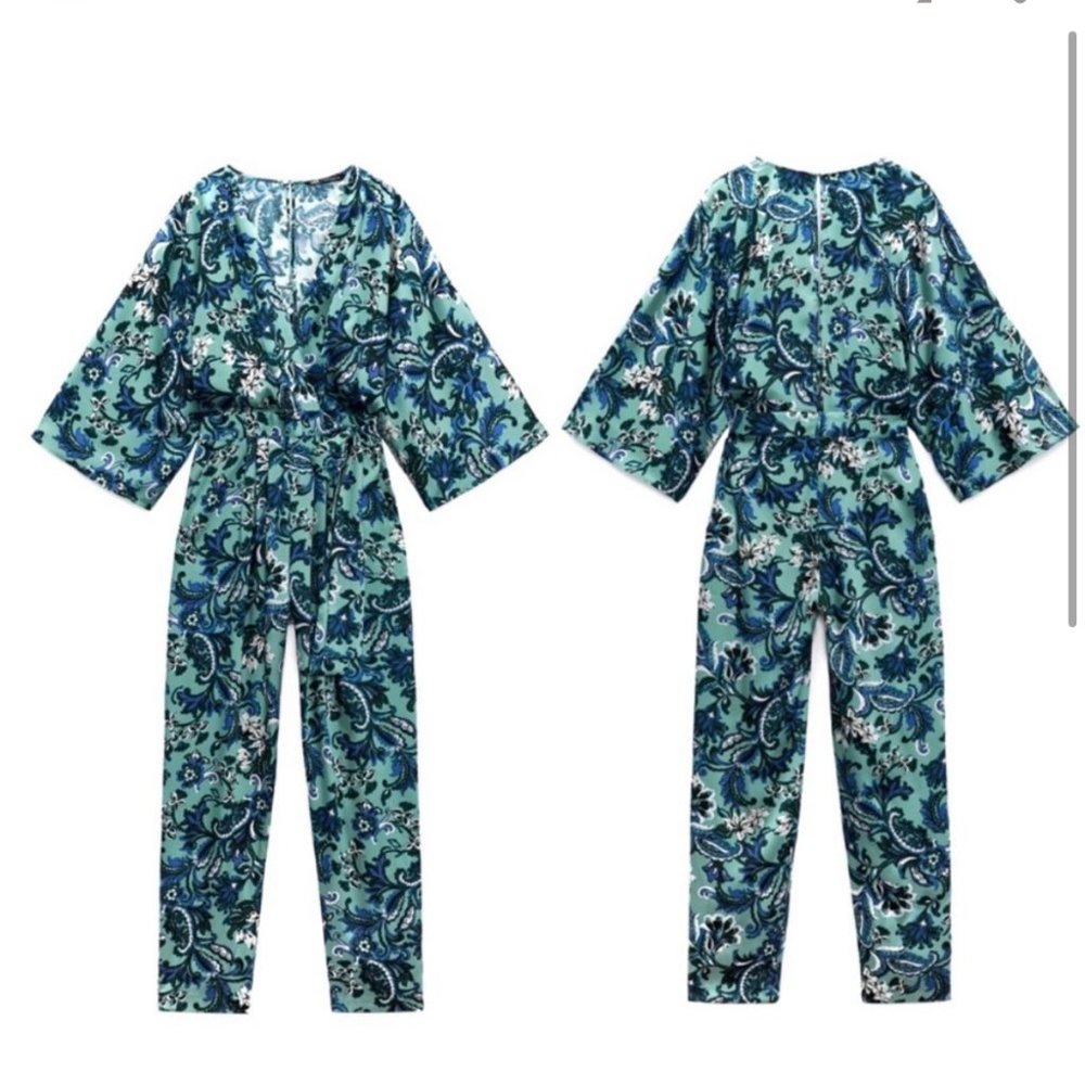 Zara Green/Blue Floral Satin Cropped Jumpsuit (size Large)